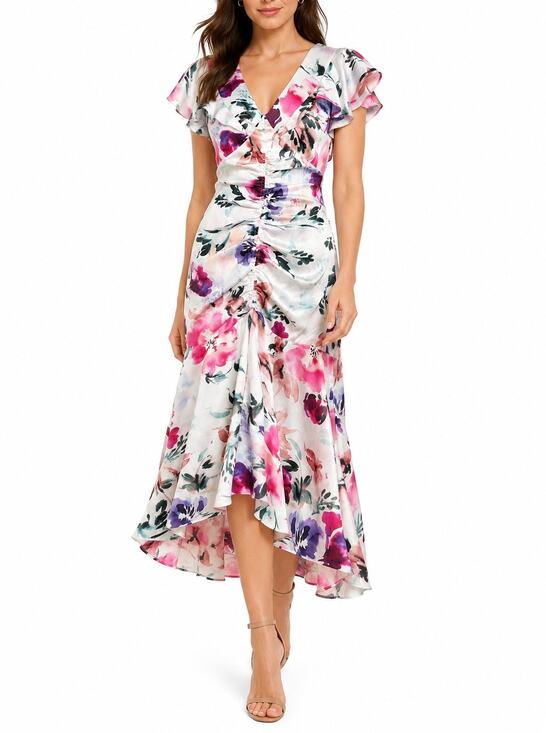 Parker Black Dresses & Skirts - Parker Black Charlotte Watercolor Floral Satin High Low Midi Dress Size 4